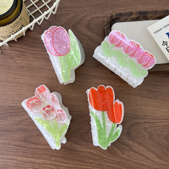 Wholesale Handmade Acetic Acid Pink Tulip Flower Claw Clip Hair Accessory Sweet Girl Casual Gift