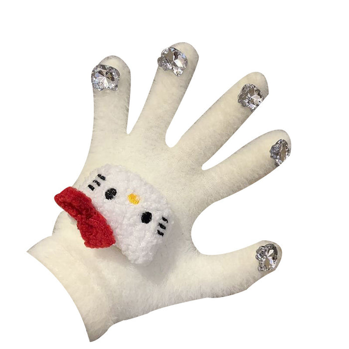 Wholesale Cute Diamond Gloves women' s winter warm glutinous  plush gloves thickened warm student Five Finger Set