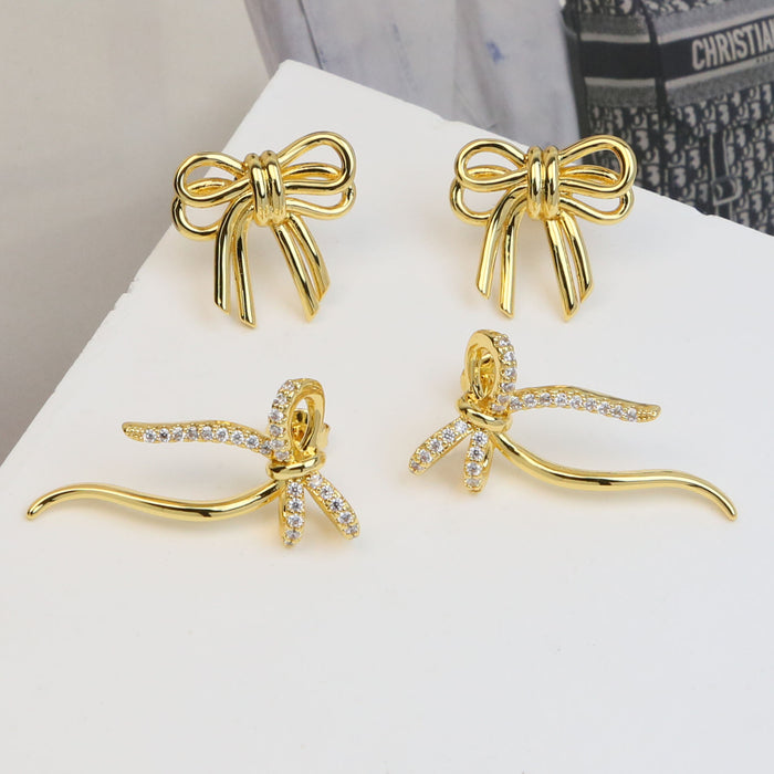 Wholesale 2PCS 18K Gold Brass Zircon Bow Earrings JDC-ES-BaiYi014