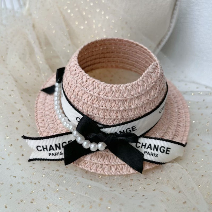 Wholesale Straw Hat Bow Cute Pearl Chain Straw Hat