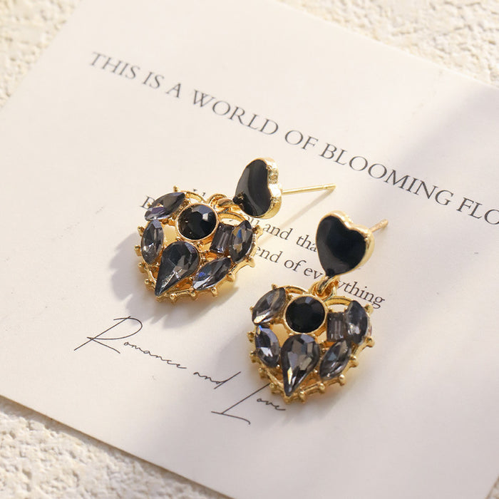 Wholesale Black rhinestone heart-shaped earrings