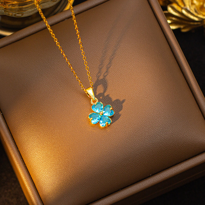 Wholesale Copper-set zircon four-leaf clover colored Titanium steel pendant necklace and earring set