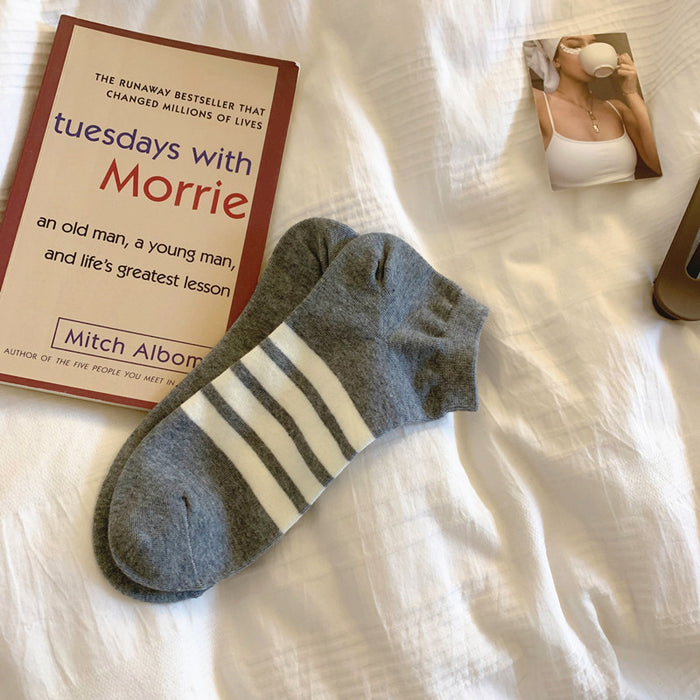 Wholesale Four bar striped boat socks, short socks, low cut pure cotton short tube socks