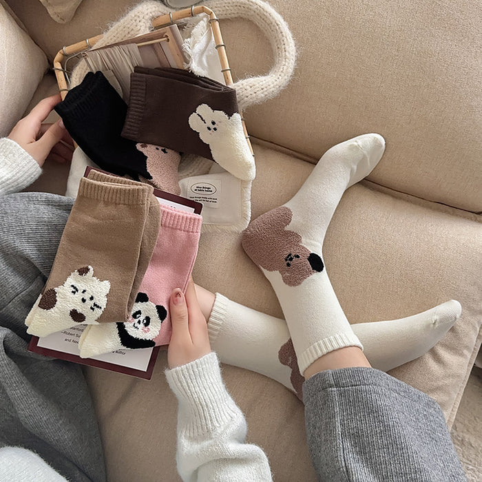 Wholesale Cute plush teddy bear socks, mid tube socks, trendy outerwear, versatile, pile up socks