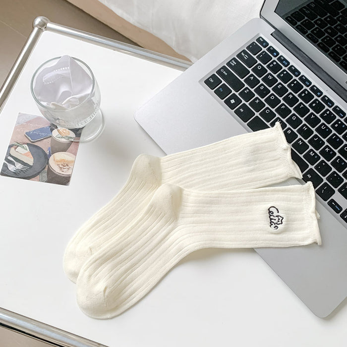 Wholesale Socks, thin, loose mouthed, mid tube, women's socks, embroidered, rolled edges, versatile, stacked, cotton socks