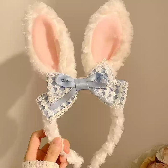 Wholesale Cute bow bunny ears lace trim plush headband