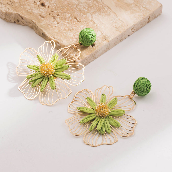 Wholesale Raffia Flower Earrings Yellow Alloy Jewelry Accessory Gift Boutique