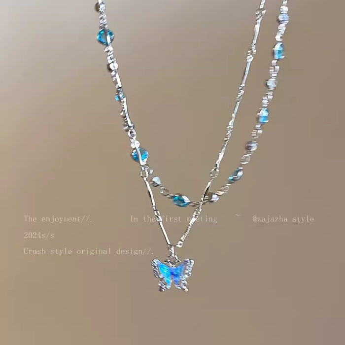 Wholesale Summer style blue butterfly necklace for girls, cool and high-end design, collarbone chain, double-layer, niche