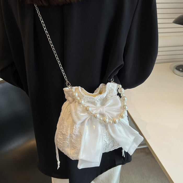 Wholesale Pearl bag, new fashionable bow chain bucket bag, niche and versatile crossbody bag