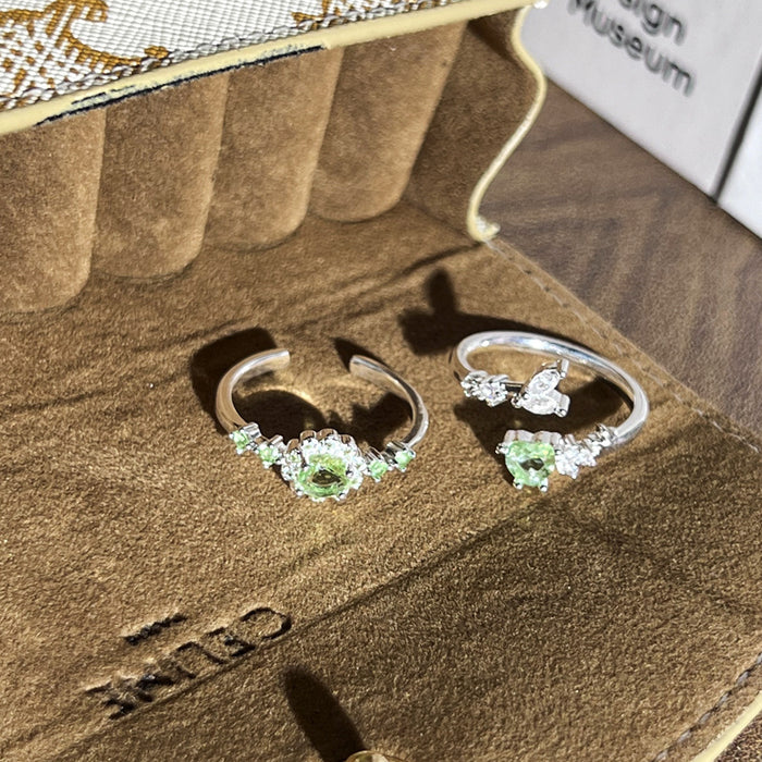 Wholesale Temperament Light Green Zircon Open Ring, niche design, exquisite layering, high-end feeling, light luxury ring