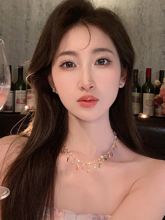Wholesale Summer fashion, light luxury, niche design, high-end color tassel zircon collarbone necklace accessories