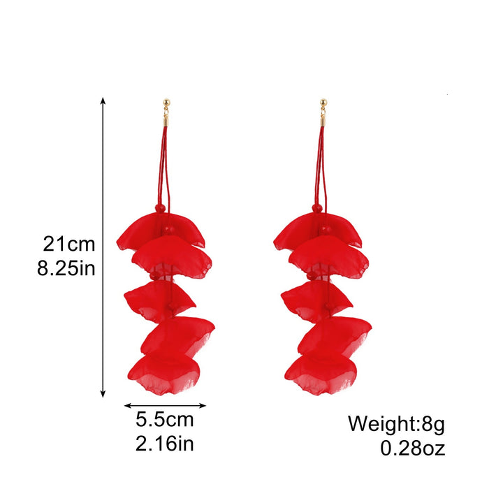 Wholesale Exaggerated flower tassel earrings, personalized earrings, temperament long fabric earrings, red flower earrings