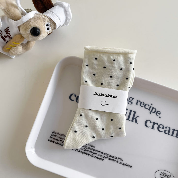 Wholesale Sweat absorbing and breathable socks with polka dot rolled edges, mid tube socks, stacked socks