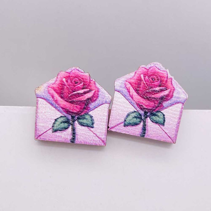 Wholesale Valentine' s Day wooden earrings pink envelope dwarf rose lovely earrings Valentine' s Day jewelry