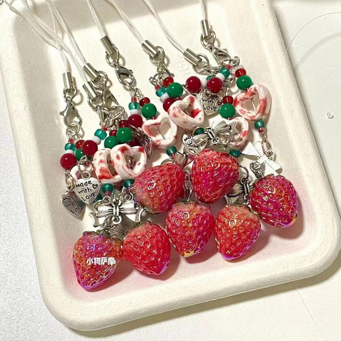Wholesale Girly Beaded Strawberry Mobile Phone Chain School Bag Pendant Hanging Chain Bow