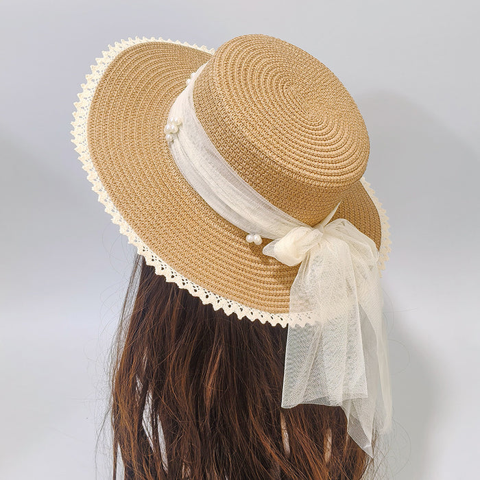 Wholesale Seaside big edge sun hat, beach grass hat, wavy edge pearl bow sun hat