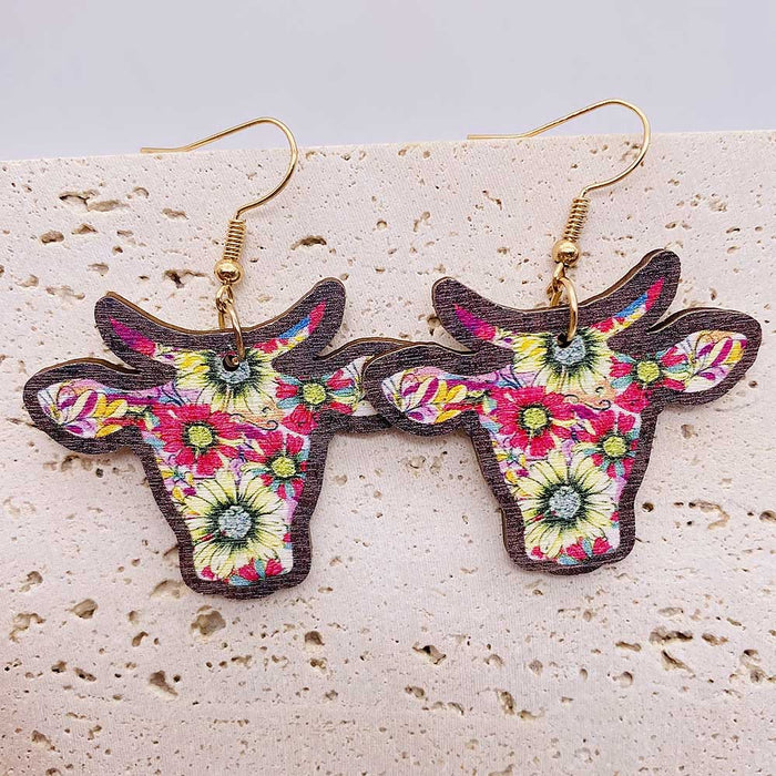 Wholesale Western Bull Head Sunflower Wooden Earrings JDC-ES-Chengy033