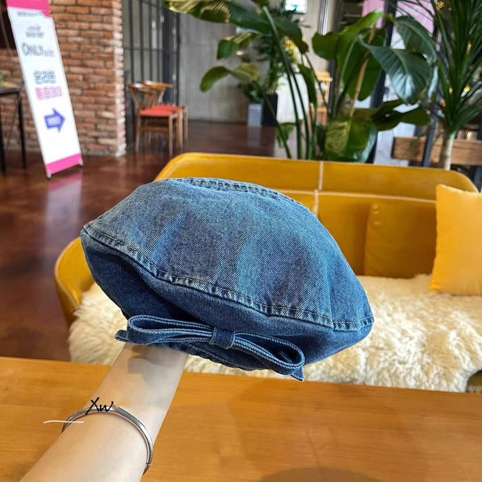 Wholesale Wide brimmed bow versatile exaggerated denim beret hat genuine