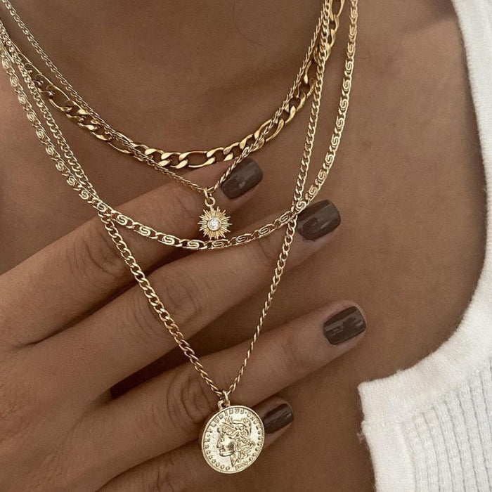 Wholesale New minimalist and fashionable diamond studded square brand sun decoration multi-layer necklace alloy collarbone chain for women