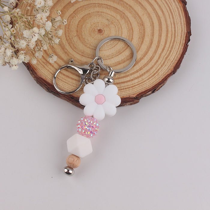 Wholesale Begonia  Flower Beaded Tassel Keychain Pendant Silicone Beads Handmade Bag Decoration Hanging