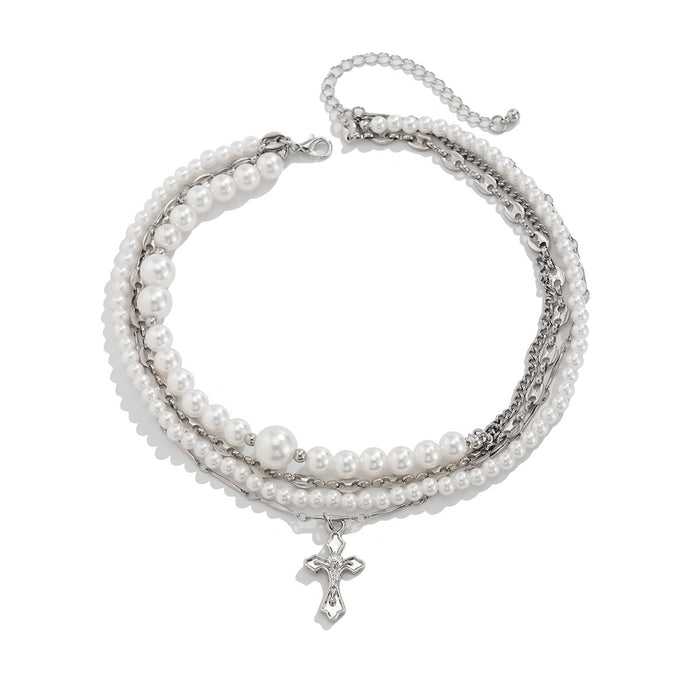 Wholesale Vintage multi-layer imitation pearl handmade necklace, personalized rivet pendant, accessory