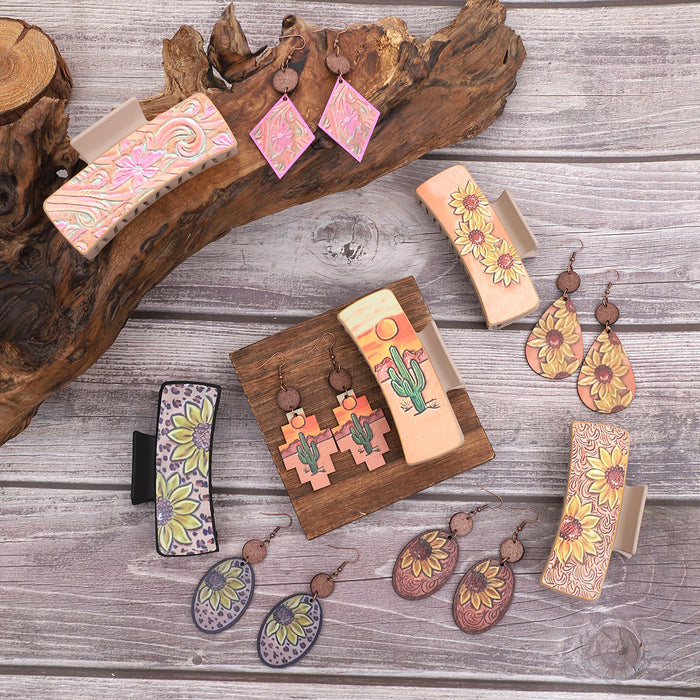 Wholesale Western Denim Wind Sunflower Cactus Leather Women' s Hairpin Grab Clip Shark Clip Plus Earrings Combination