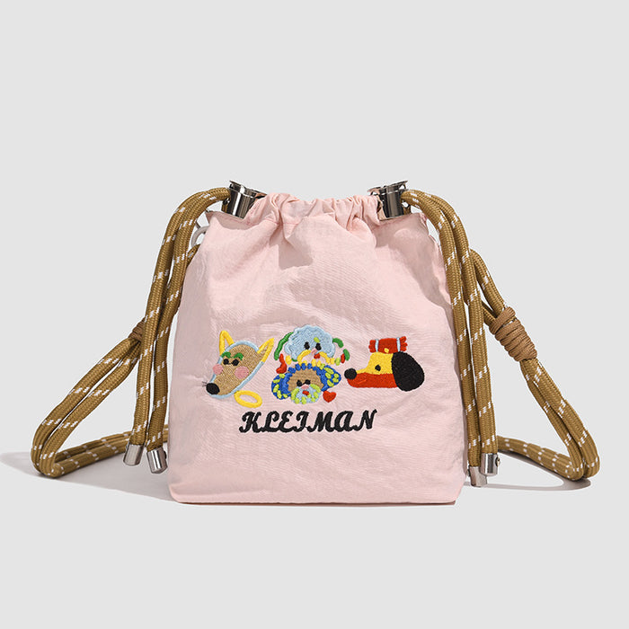 Wholesale Embroidered cartoon niche bucket bag, new versatile nylon cloth shoulder crossbody bag, mobile phone bag