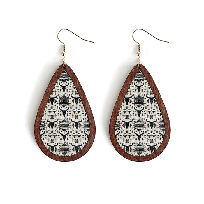 Wholesale Aztec ethnic style wood earrings water drop printing retro texture
