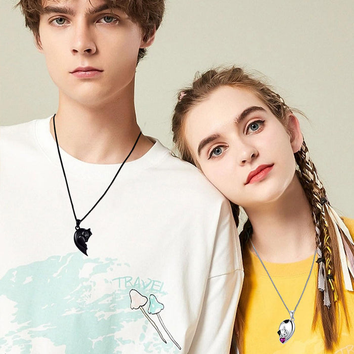 Wholesale Valentine' s Day Couple Patchwork Heart Black and White Cute Cat Necklace