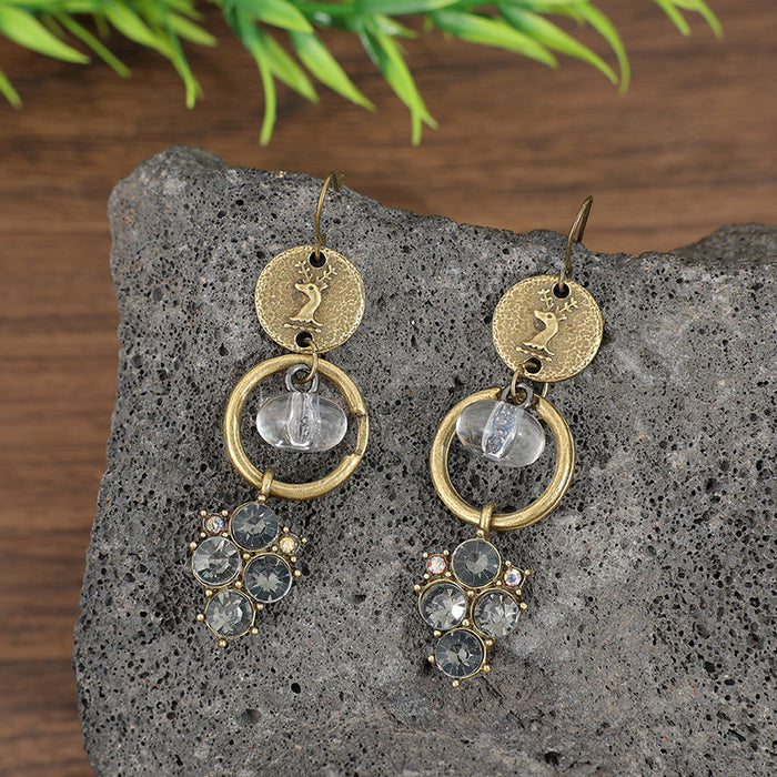 Wholesale Retro style geometric splicing long style antique alloy earrings carved deer head earrings