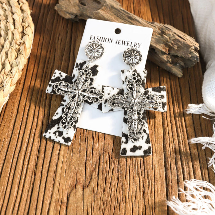 Wholesale Leather leopard print cross earrings niche design retro ing earrings