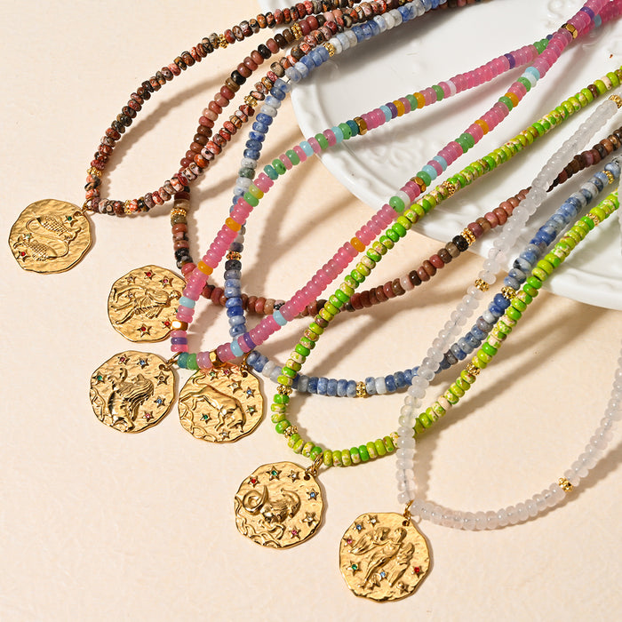 Wholesale Original Jewelry Design Colorful Natural Stone Necklace Stainless Steel Twelve Constellation Necklace Personalized Matching