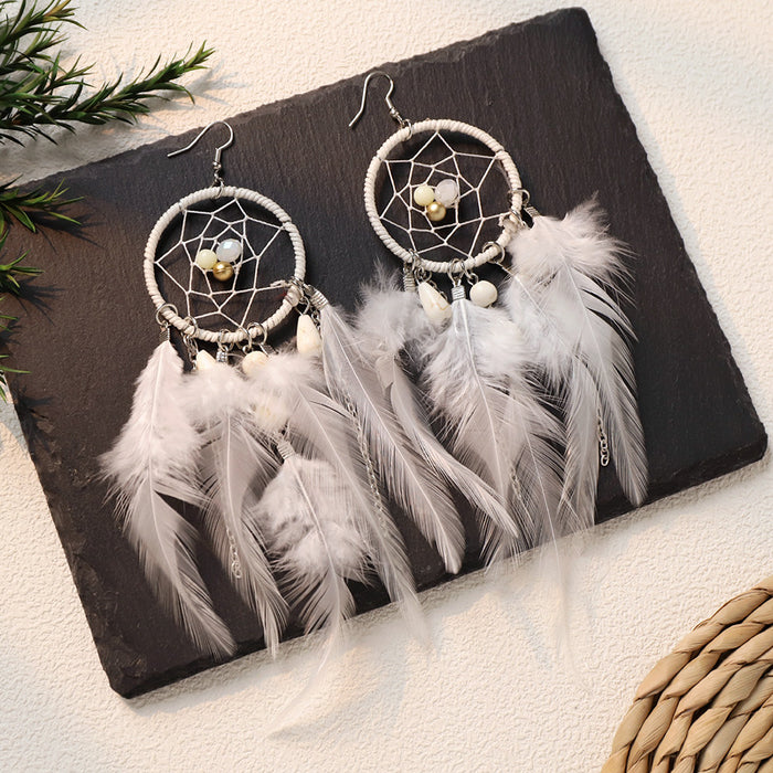 Wholesale Feather Bohemian Dreamcatcher Tassel Earrings Handcrafted Fashion Accessory