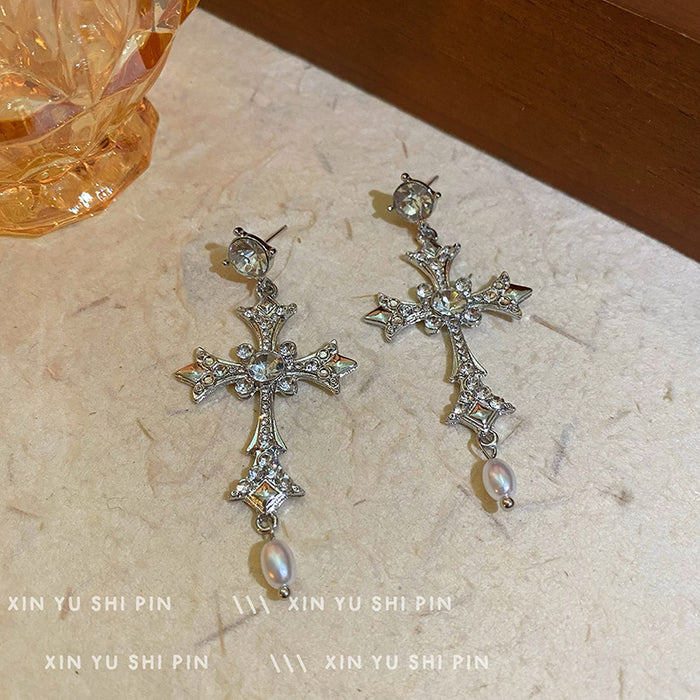 Wholesale Cross shiny zircon earrings, niche retro temperament, pearl pendant earrings, studs earrings