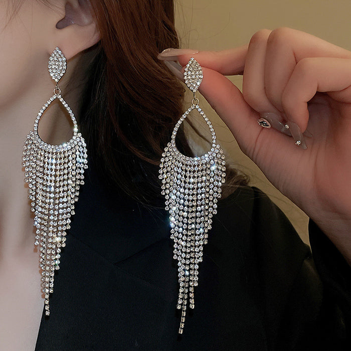 Wholesale Diamond Water Drop Long Tassel Silver Pin Earrings for Women