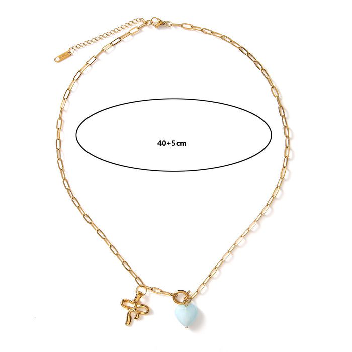 Wholesale Personalized stainless steel cherry necklace with bow pendant, natural stone heart necklace wholesale