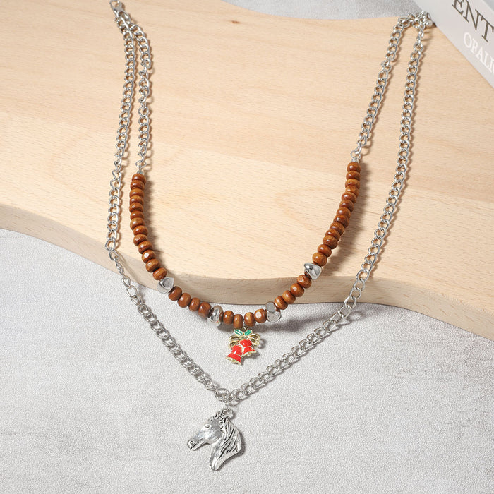 Wholesale Metal Chain Double-layer Stacked Horse Head Bell Pendant Women's Necklace