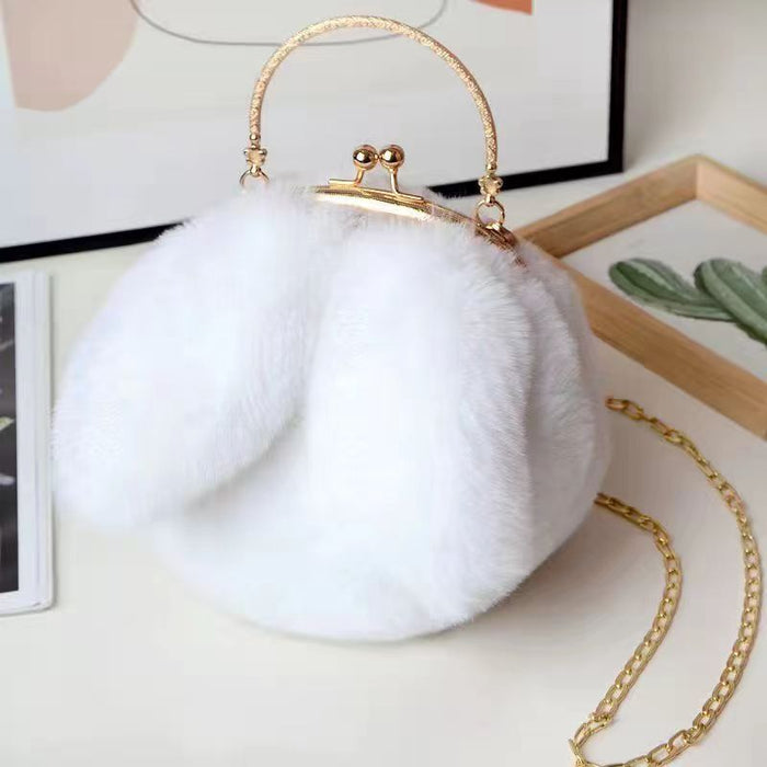 Wholesale Plush Shoulder Bag Women's Portable Crossbody Bag Chain Mobile Phone Bag All-match Small Round Bag Rabbit Ear Clamp Bag