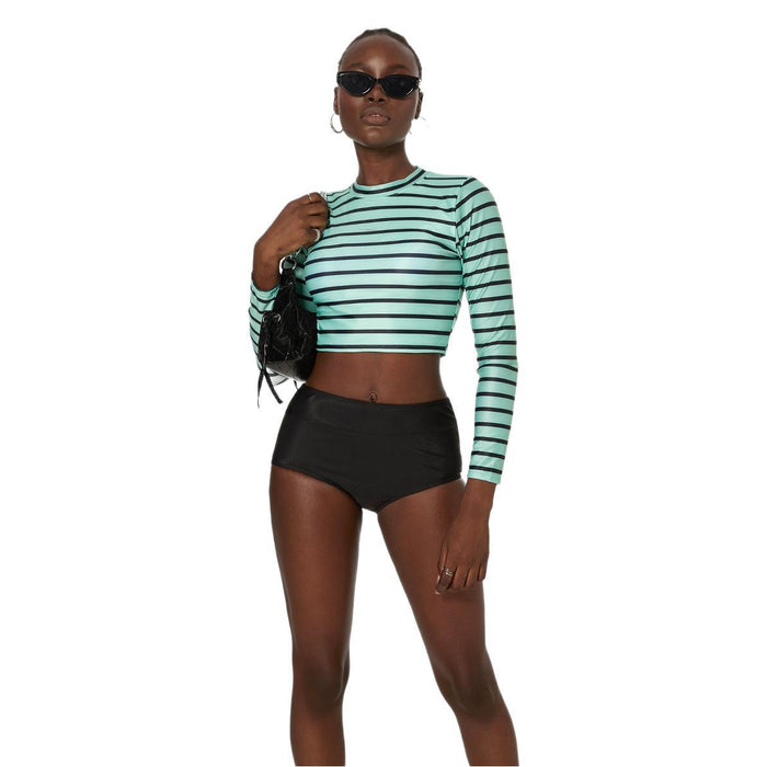 Wholesale Striped split long sleeved high waisted swimsuit