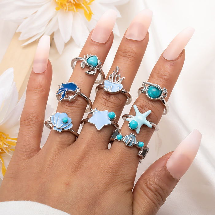 Wholesale Marine Life Oil Dripping Turquoise 9 Piece Set Alloy Ring JDC-RS-KeR003