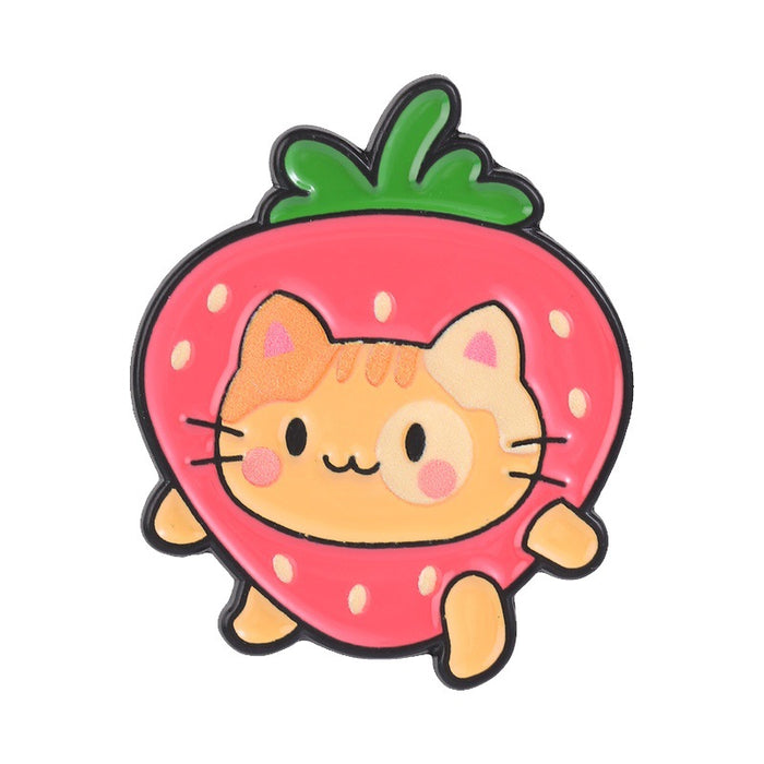 Wholesale Zinc Alloy Enamel Brooch Pin Three Color Cute Strawberry Cat Design For Backpack School Bag Stylish Jewelry Accessory