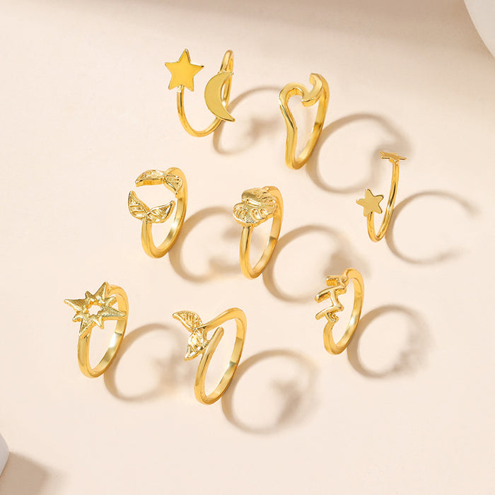 Wholesale Exaggerated alloy rings with accessories, 8 personalized star moon rings, heart-shaped layered rings