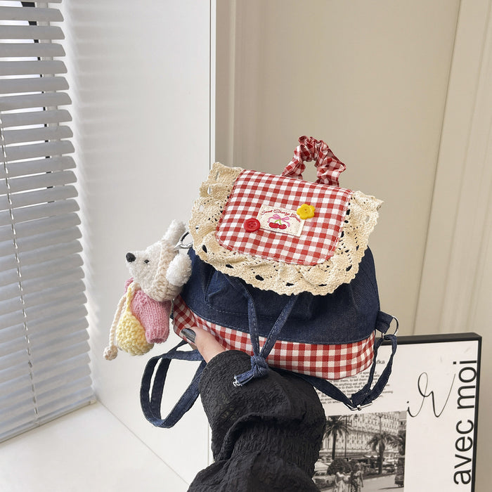 Wholesale Canvas Backpack Blue Contrast Plaid Street Fashion