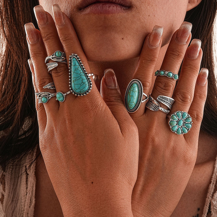 Wholesale New personalized combination hand jewelry retro feather turquoise opening 8-piece set ring