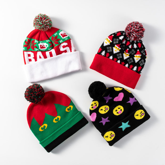 Wholesale 1000pcs Christmas Knitted Hat Jacquard Christmas Elk Luminous Led Wool Hat Christmas Fur Ball Hat