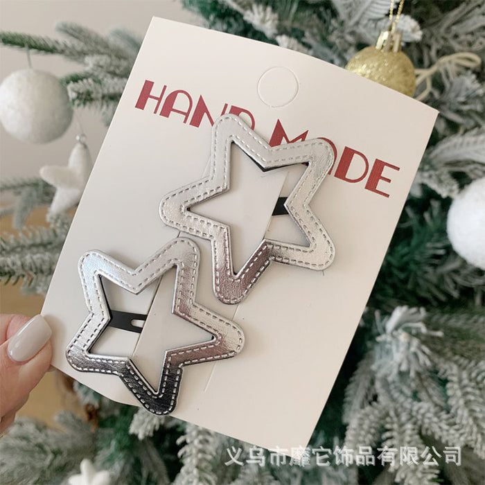 Wholesale Silver leather large pentagram side bangs clip, children's back of the head hair clip, hair accessory