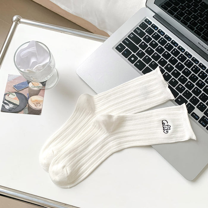 Wholesale Socks, thin, loose mouthed, mid tube, women's socks, embroidered, rolled edges, versatile, stacked, cotton socks