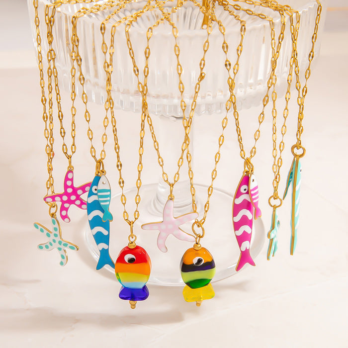 Wholesale Stainless steel necklace with ocean elements, starfish pendant, handmade oil dripping jewelry, fashionable