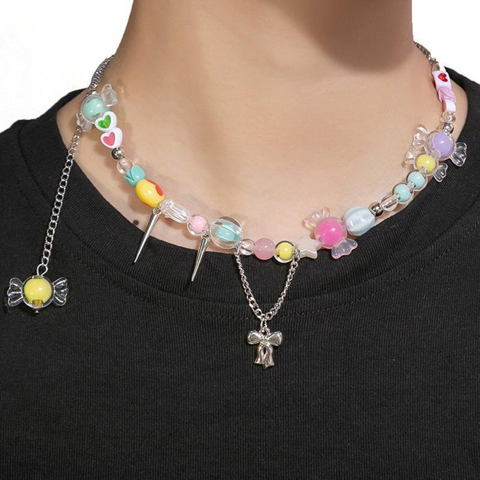 Wholesale Dopamine Colorful Stone Smiley Necklace Colorful Beaded Flower Sweet Cool Style Clavicle Chain Candy Love Pendant Female