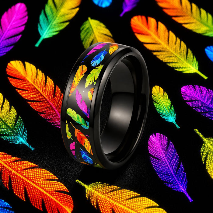 Wholesale Rainbow Feather Stainless Steel Ring Fashion Jewelry Accessory